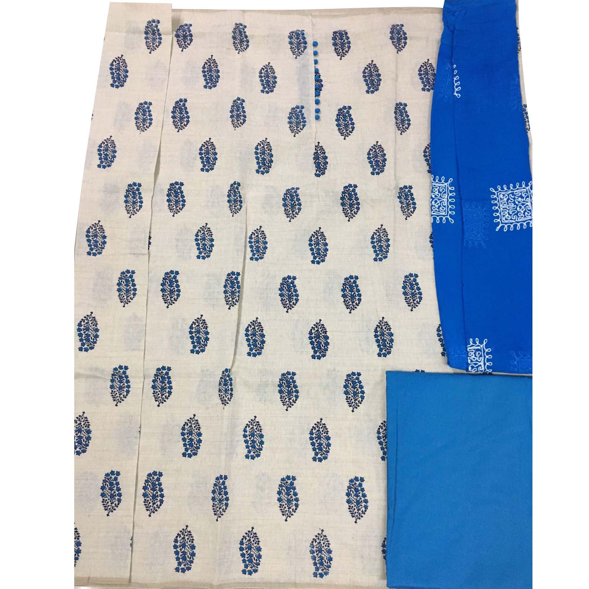 OffWhite - Blue Floral Printed Khadi Dress Material - Peachmode