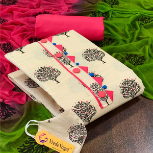 OffWhite - Bright Pink Casual Wear Printed Cotton Dress Material - Peachmode