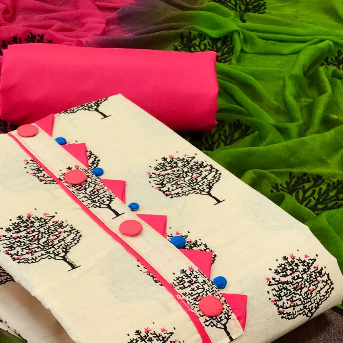 OffWhite - Bright Pink Casual Wear Printed Cotton Dress Material - Peachmode