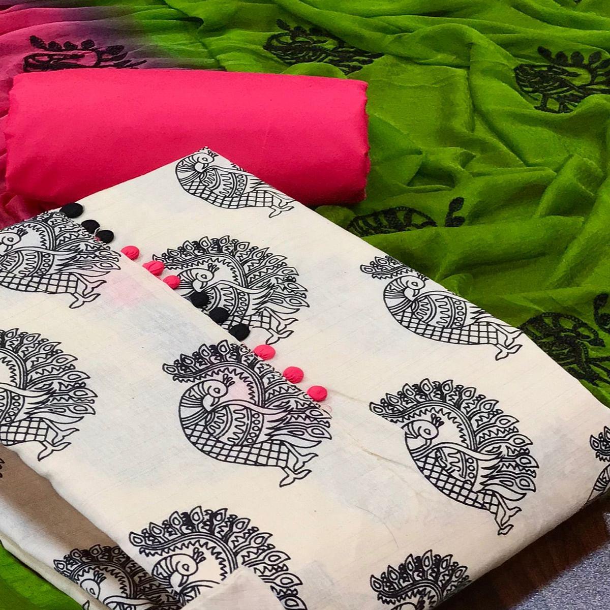 OffWhite - Bright Pink Printed Cotton Dress Material - Peachmode