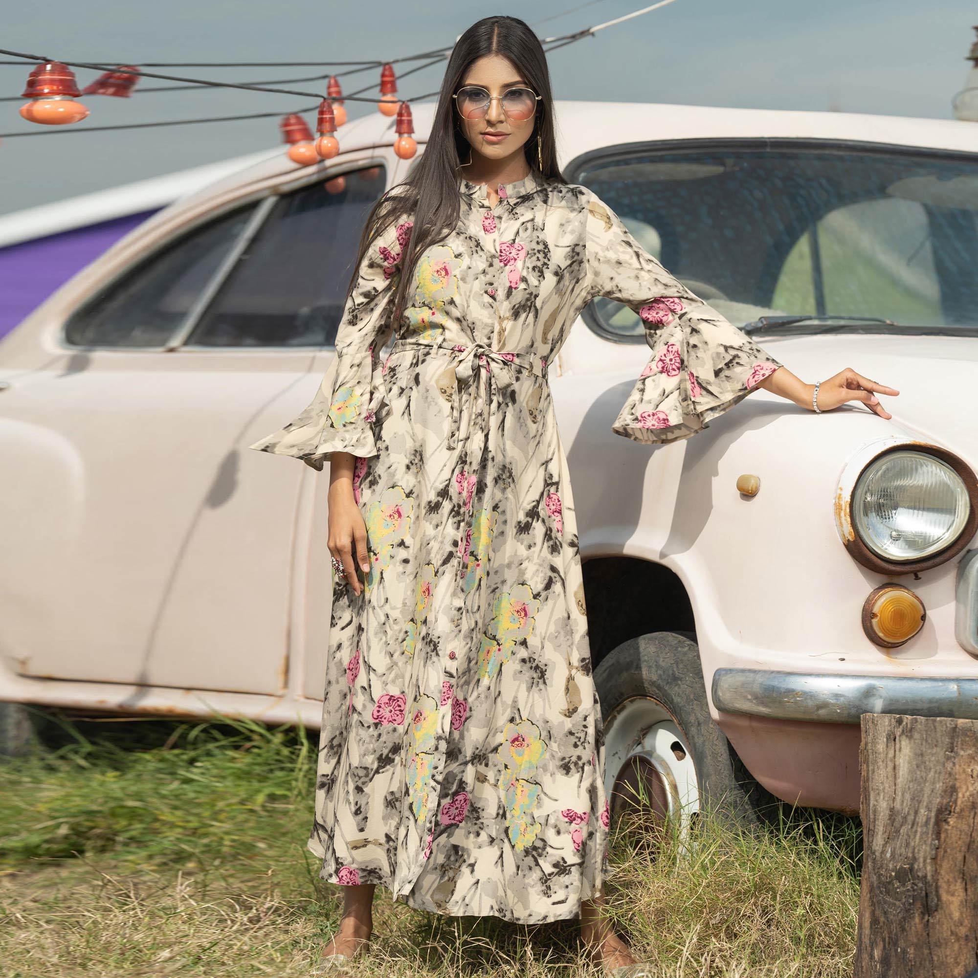 Offwhite Casual Ankle Length Printed Rayon Gown With Belt - Peachmode