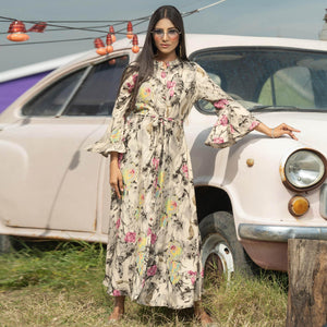 Offwhite Casual Ankle Length Printed Rayon Gown With Belt - Peachmode