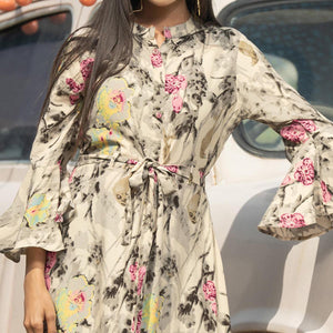 Offwhite Casual Ankle Length Printed Rayon Gown With Belt - Peachmode