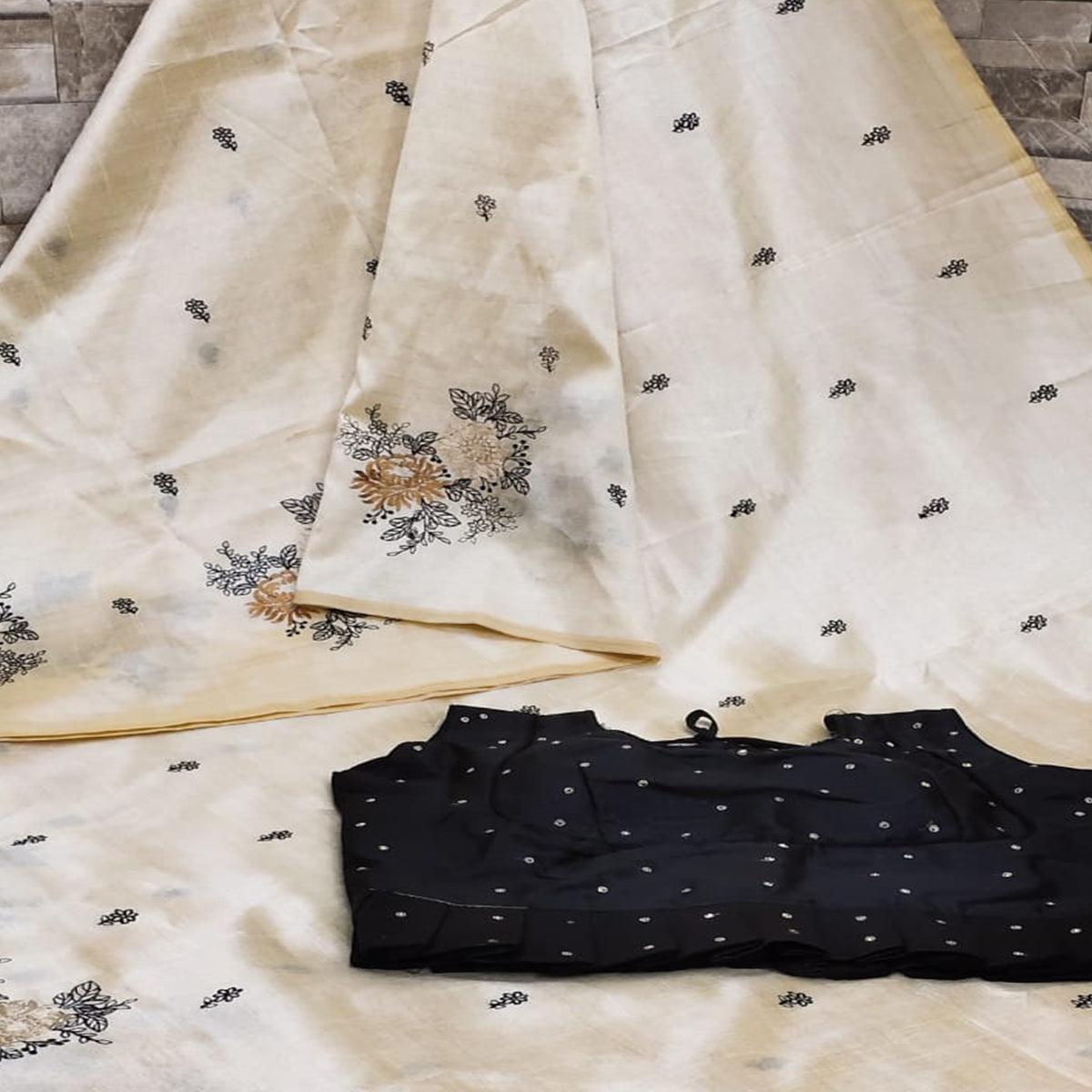 Offwhite Casual Wear Floral Embroidered Silk Saree - Peachmode