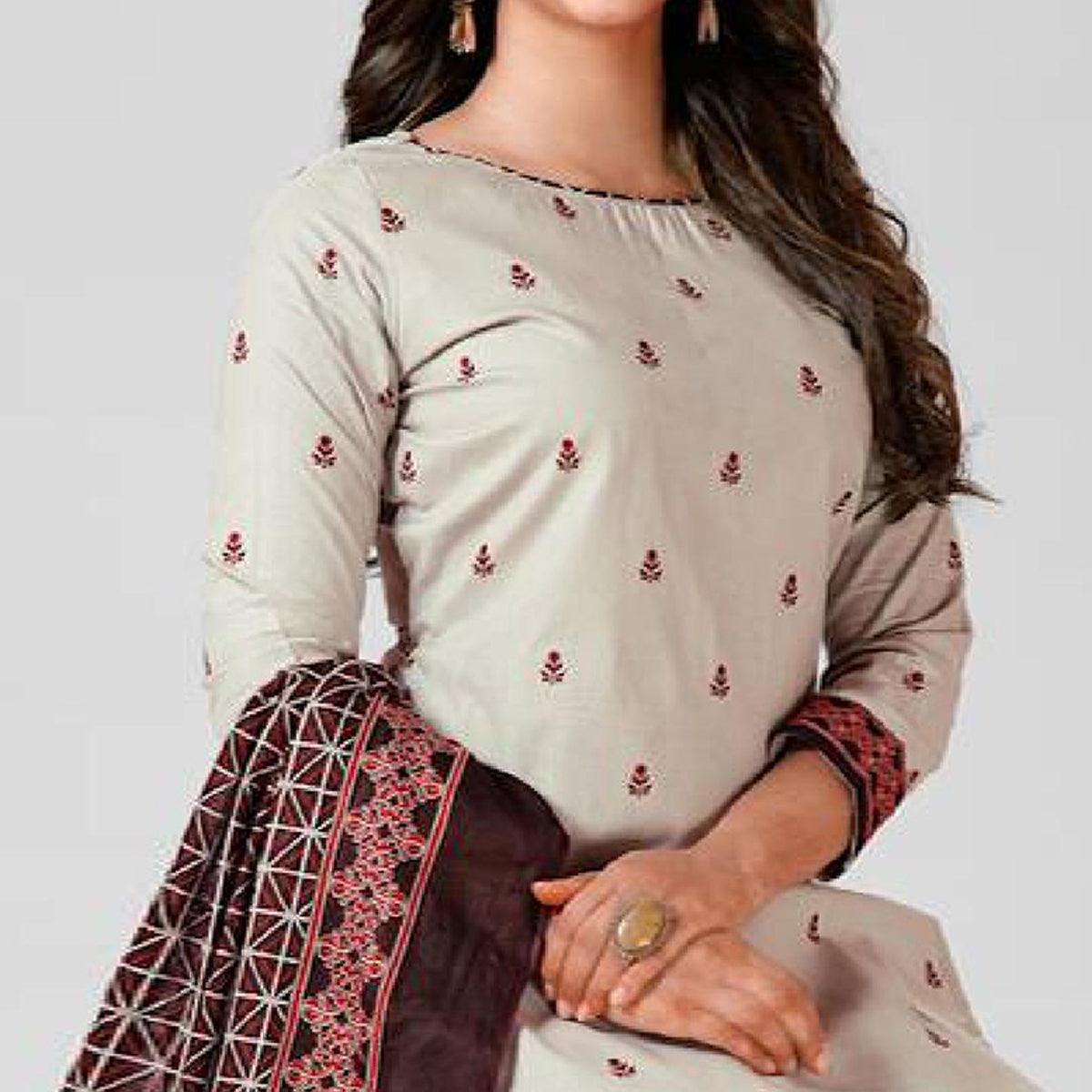 Offwhite Casual Wear Printed Cotton Patiala Dress Material - Peachmode