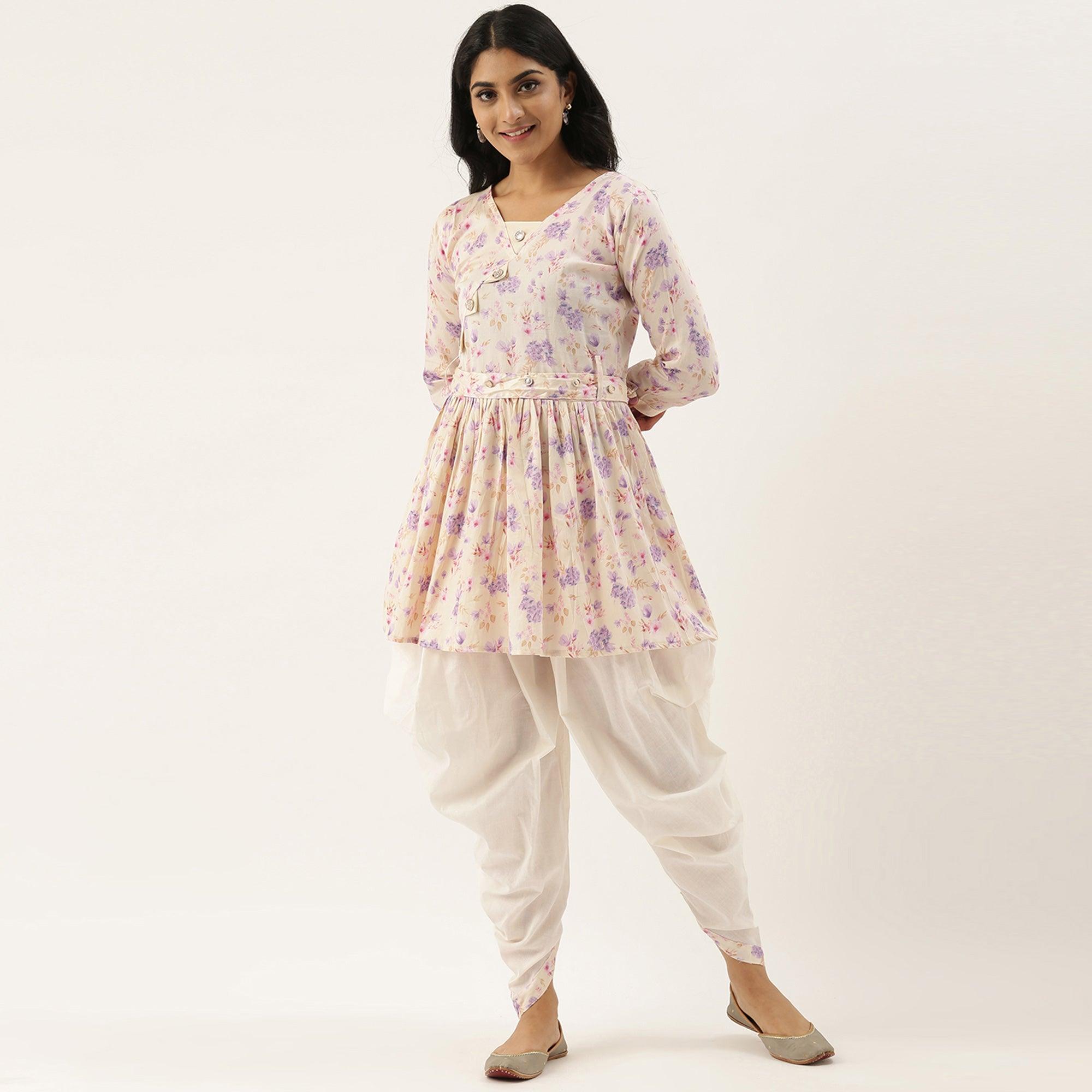 Offwhite Casual Wear Printed Pure Cotton Kurti With Dhoti Set - Peachmode