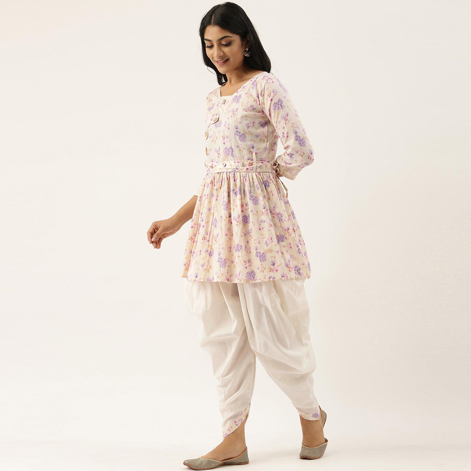 Offwhite Casual Wear Printed Pure Cotton Kurti With Dhoti Set - Peachmode