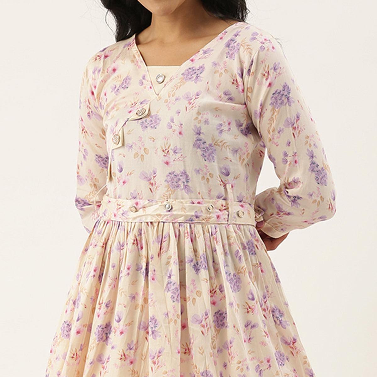 Offwhite Casual Wear Printed Pure Cotton Kurti With Dhoti Set - Peachmode