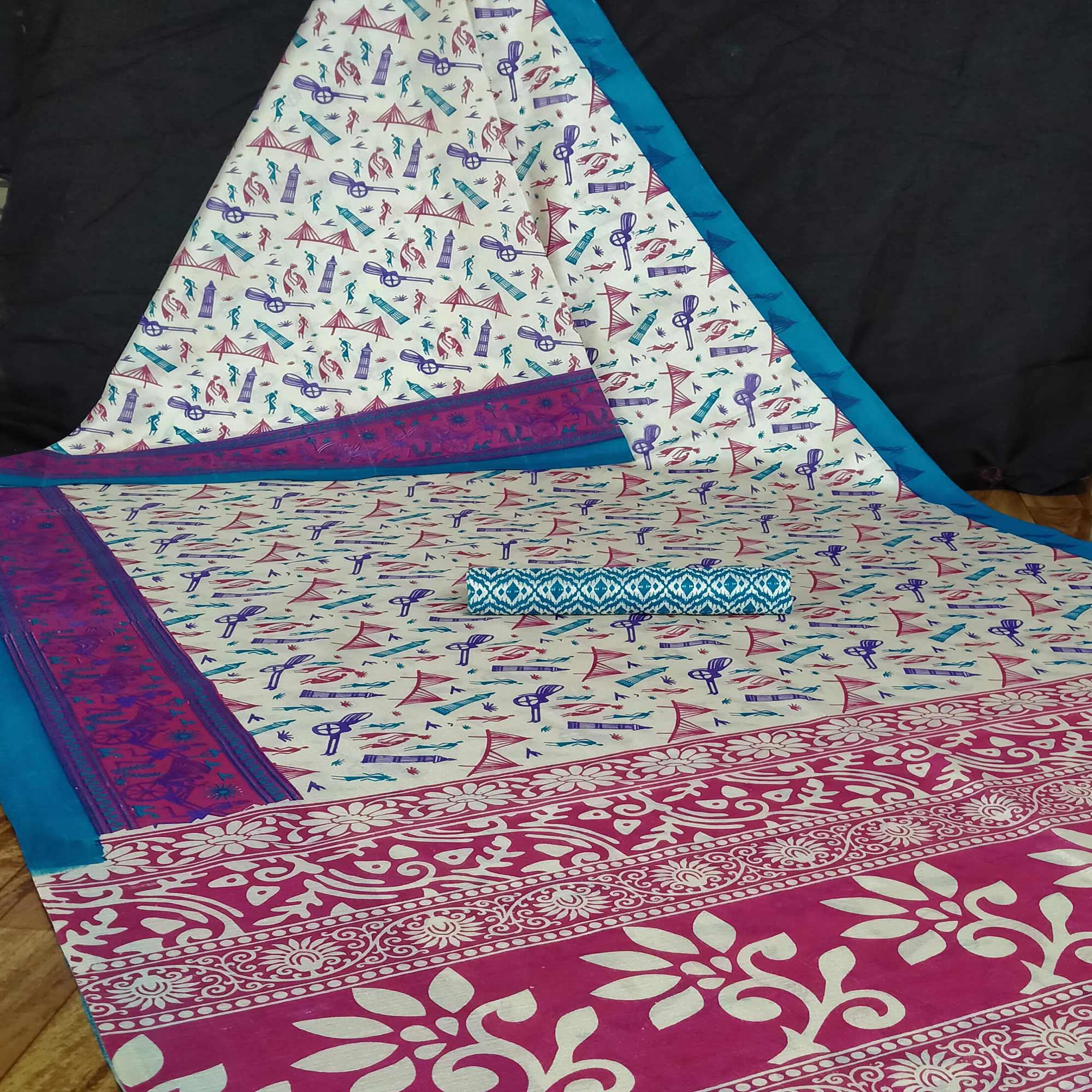 Offwhite Colored Casual Wear Digital Printed Jute Saree - Peachmode