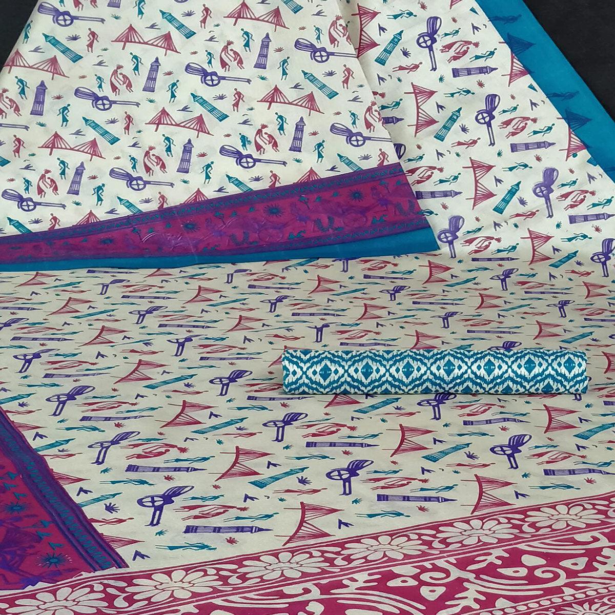 Offwhite Colored Casual Wear Digital Printed Jute Saree - Peachmode