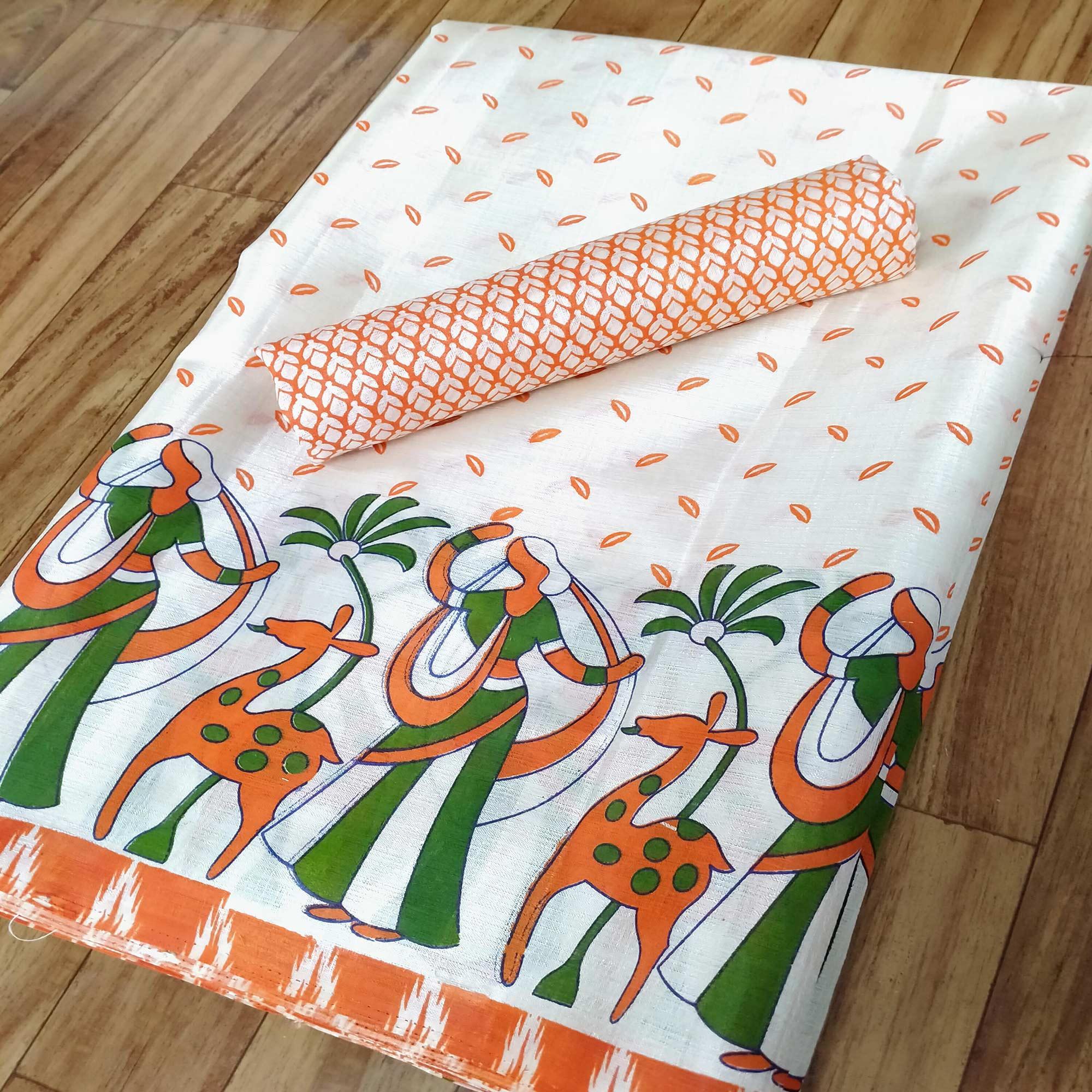 Offwhite Colored Casual Wear Digital Printed Jute Saree - Peachmode