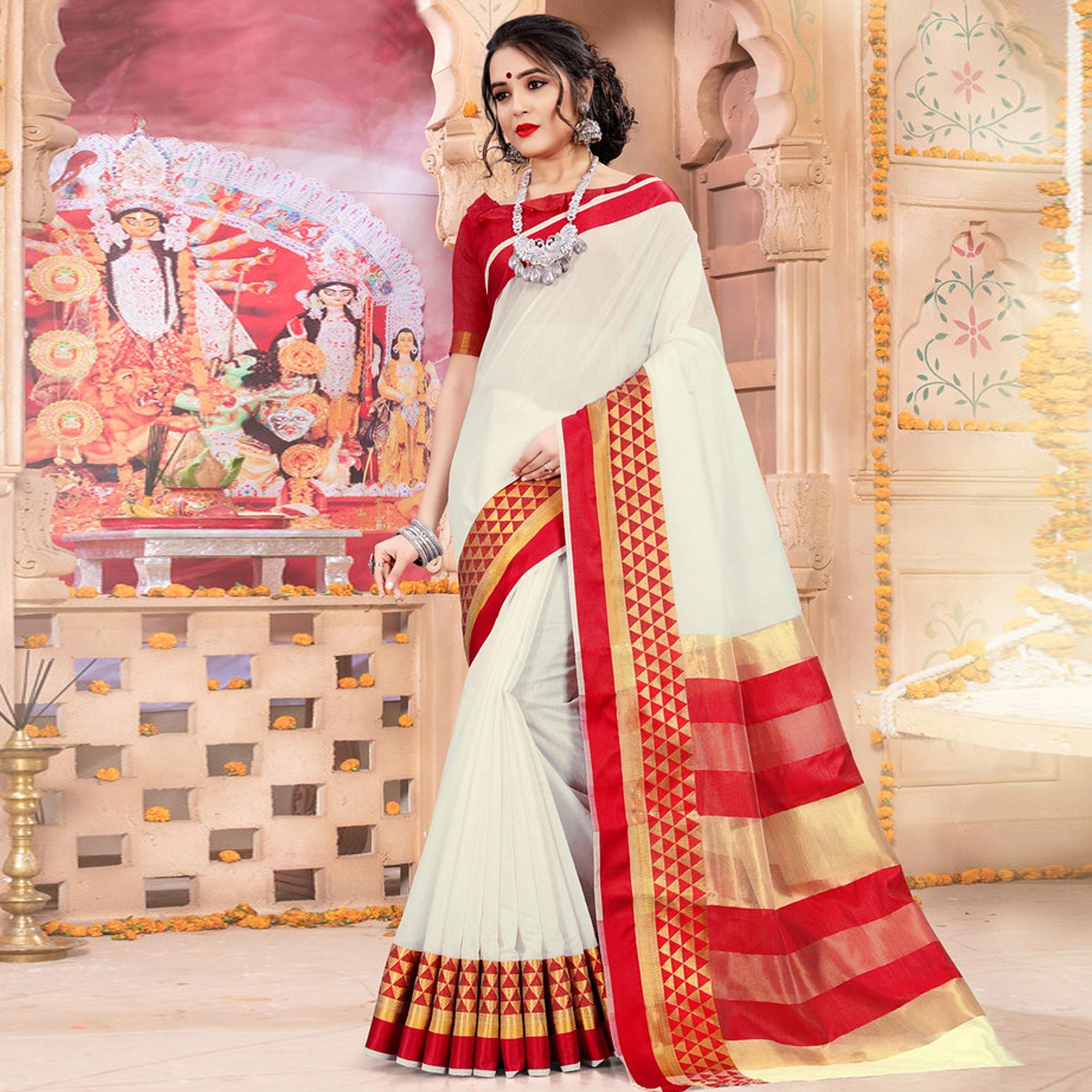 Offwhite Colored Festive Wear Woven Jute Saree - Peachmode