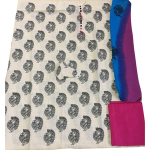 OffWhite - Dark Pink Casual Wear Printed Cotton Dress Material - Peachmode