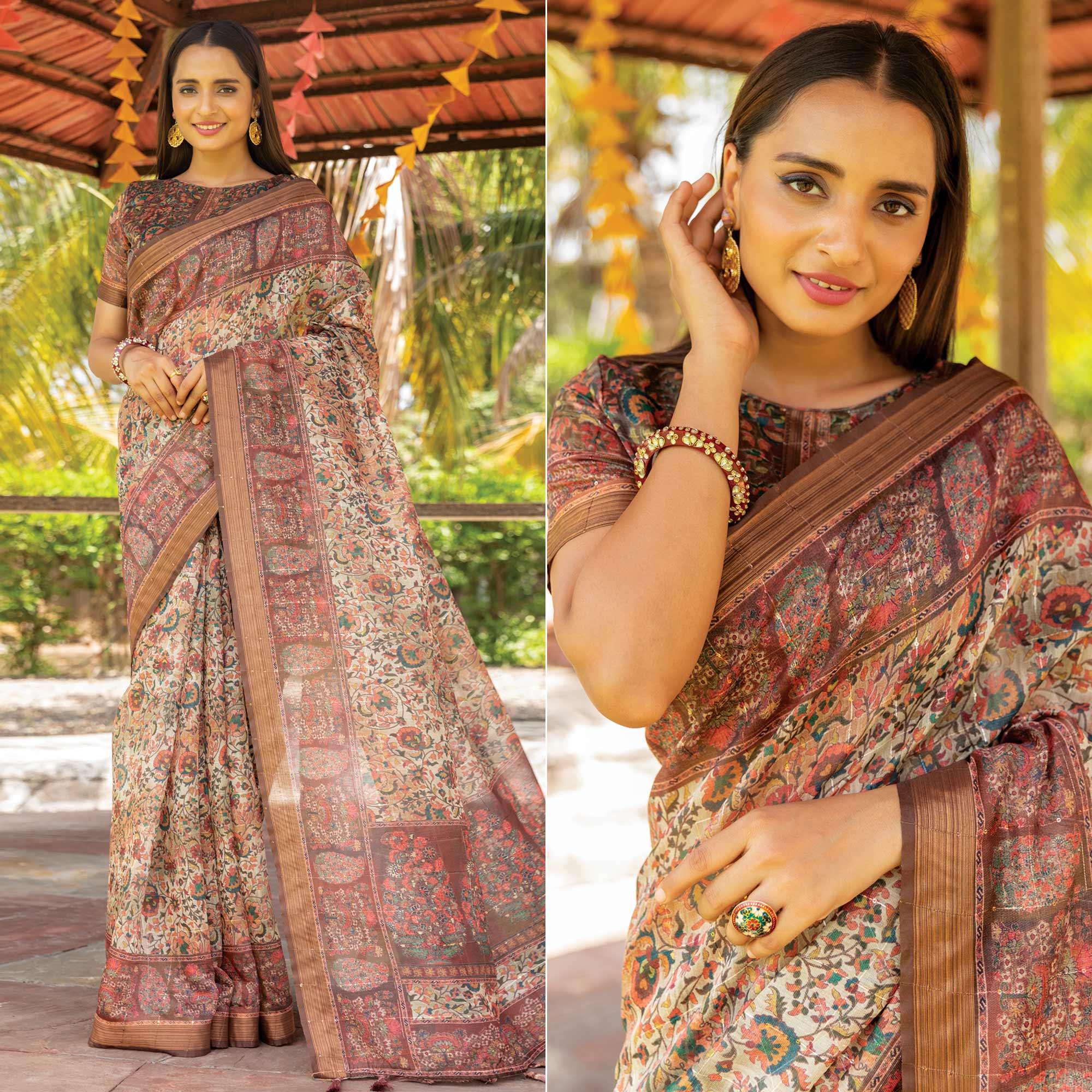 Offwhite Digital Printed Linen Saree With Tassels - Peachmode