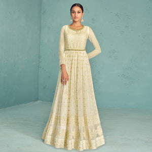 Offwhite Embroidered Georgette Gown - Peachmode