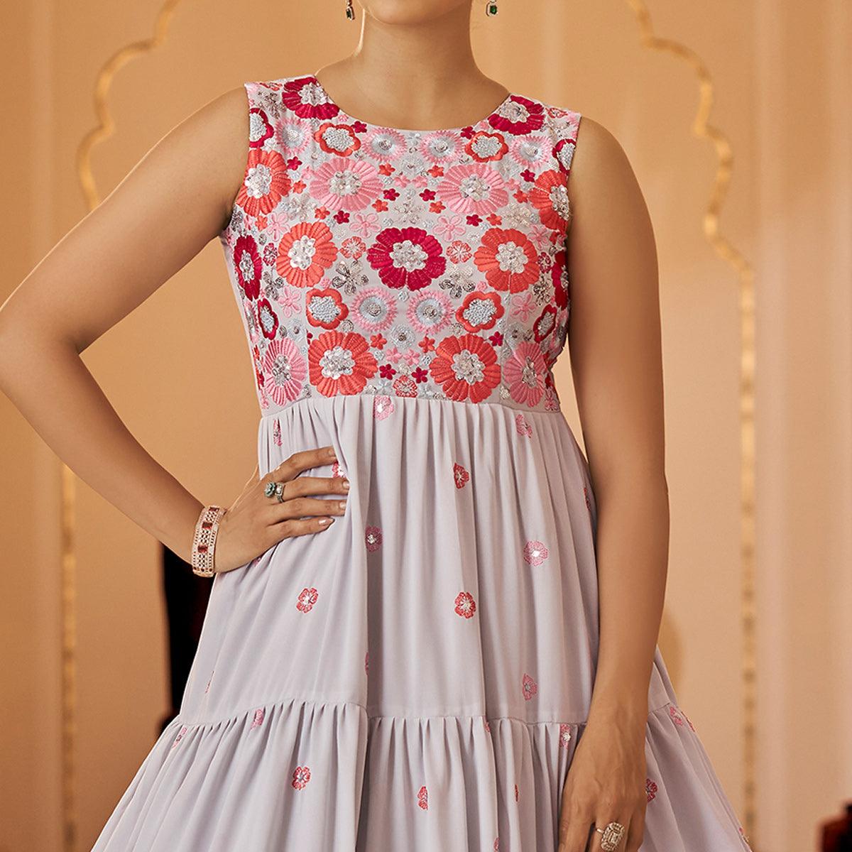 Offwhite Embroidered Georgette Gown - Peachmode