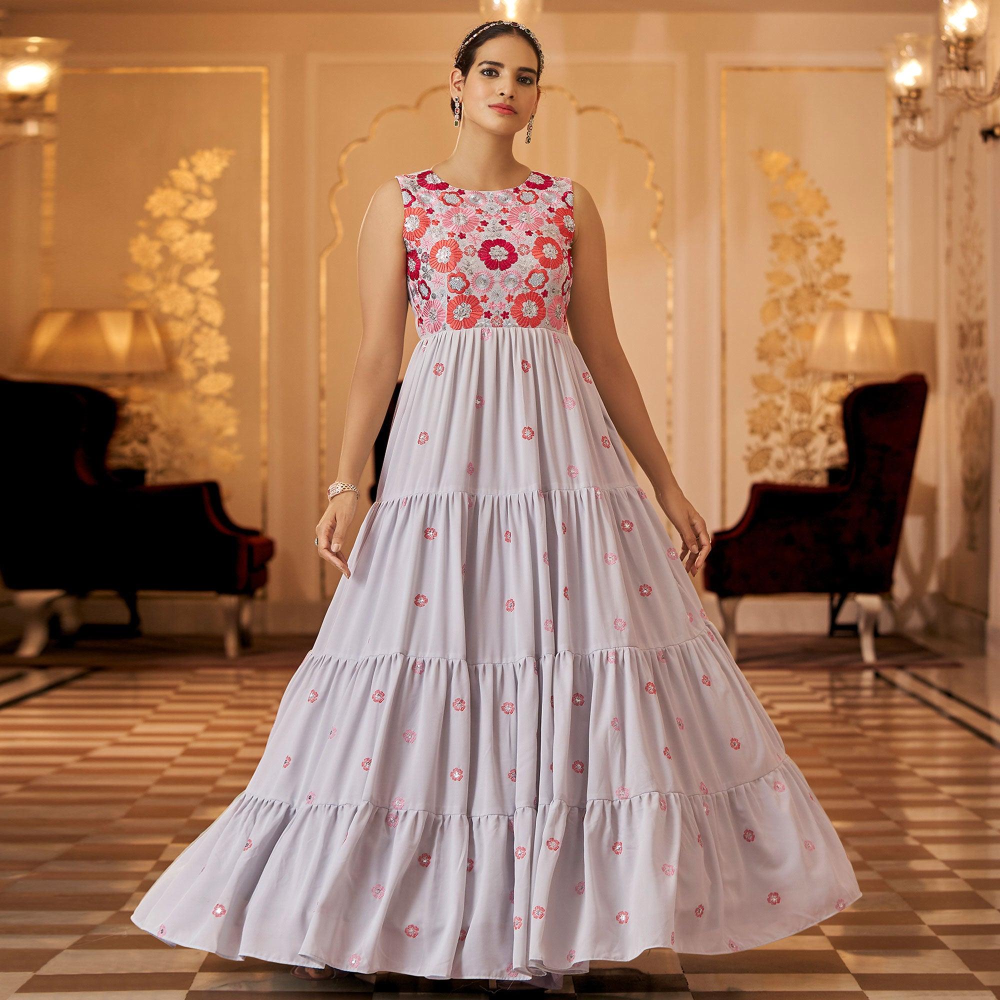 Offwhite Embroidered Georgette Gown - Peachmode