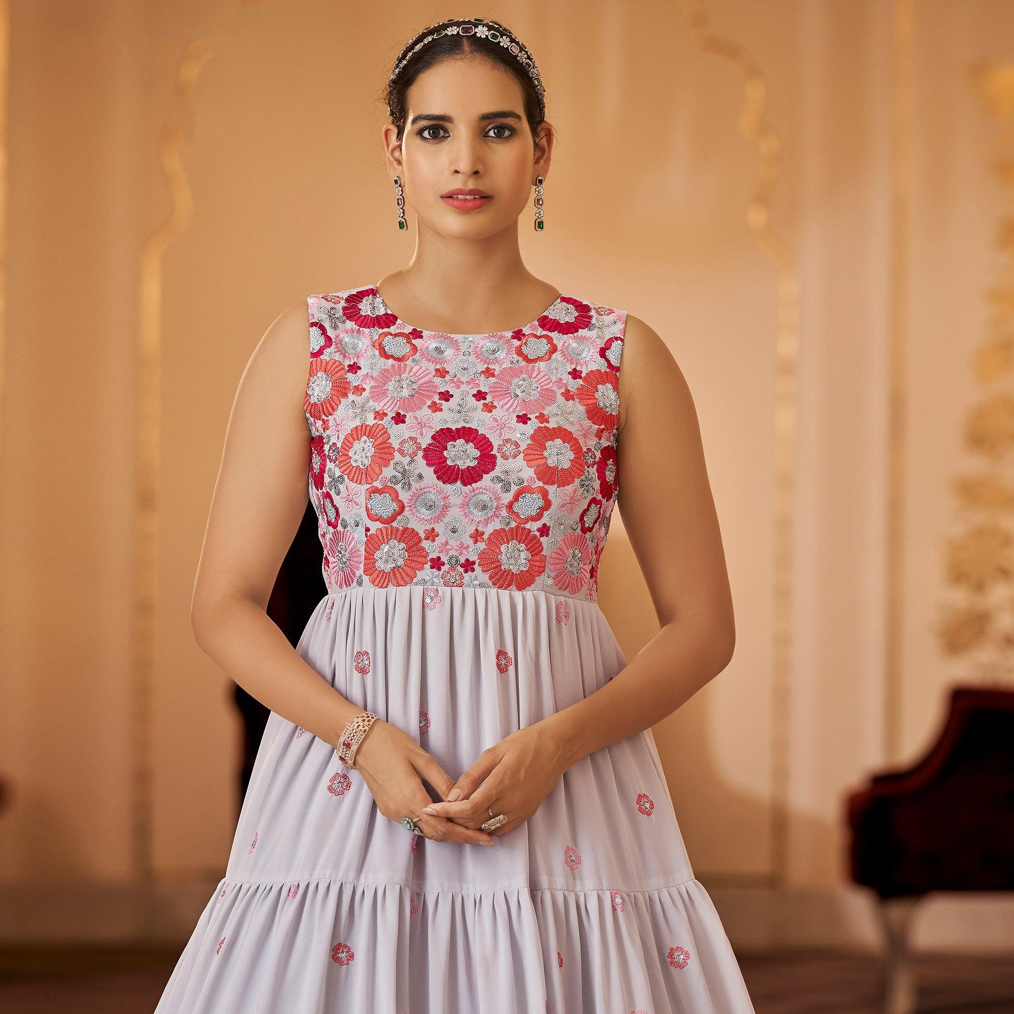 Offwhite Embroidered Georgette Gown - Peachmode