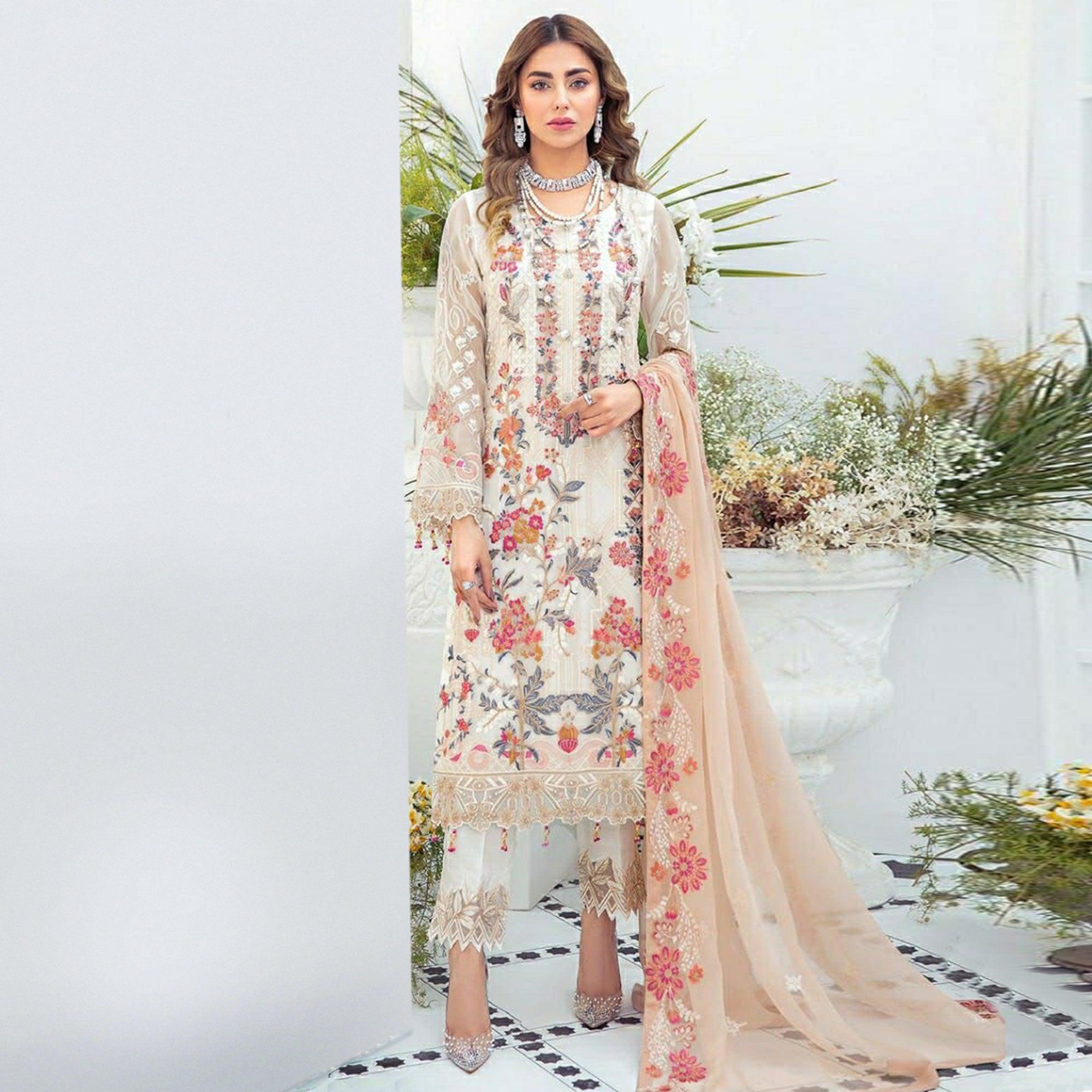 Offwhite Embroidered Georgette Pakistani Suit - Peachmode