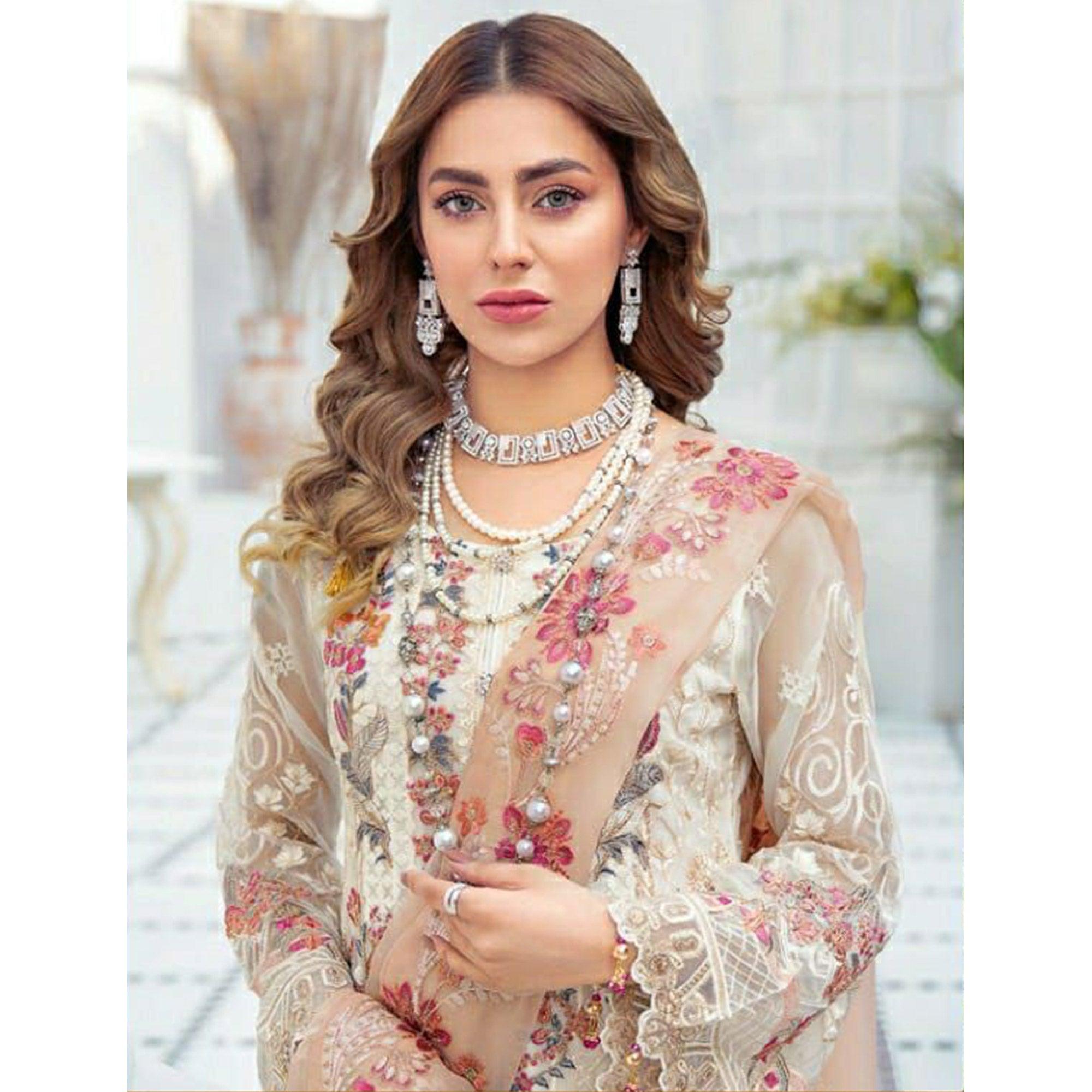 Offwhite Embroidered Georgette Pakistani Suit - Peachmode