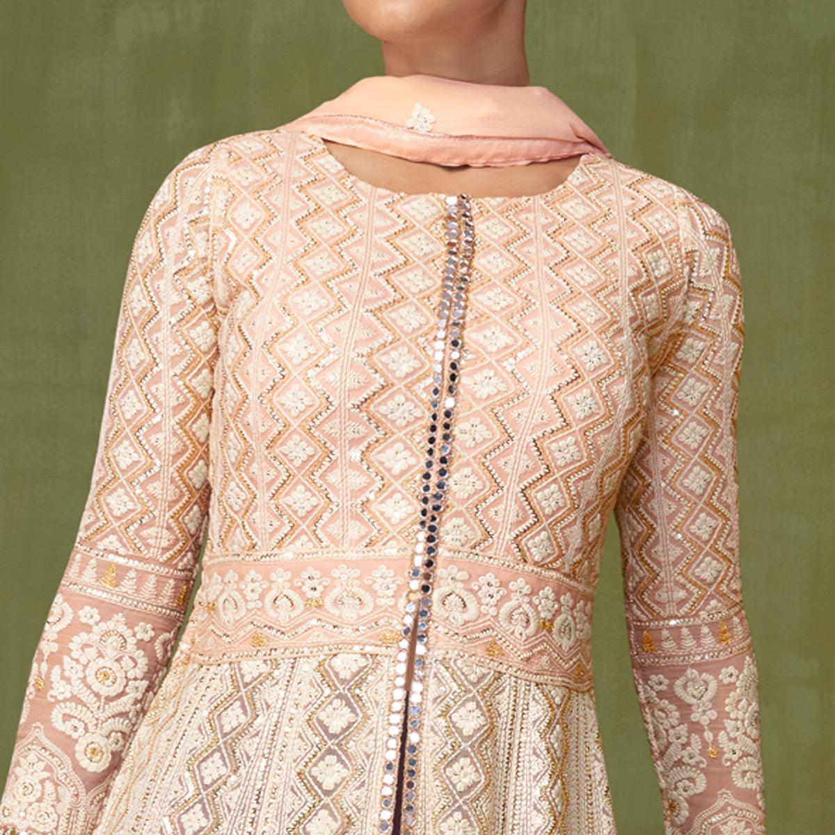 Offwhite Embroidered Georgette Palazzo Suit - Peachmode