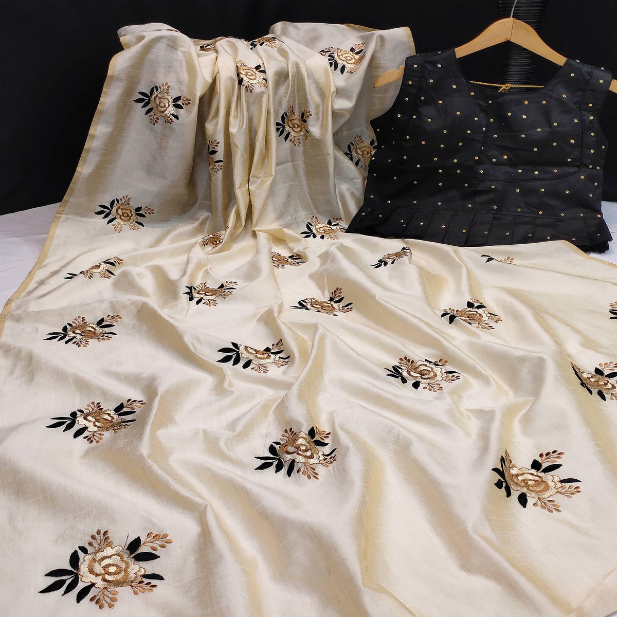 Offwhite Floral Embroidered Silk Saree Peachmode