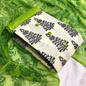 OffWhite - Green Casual Wear Printed Cotton Dress Material - Peachmode