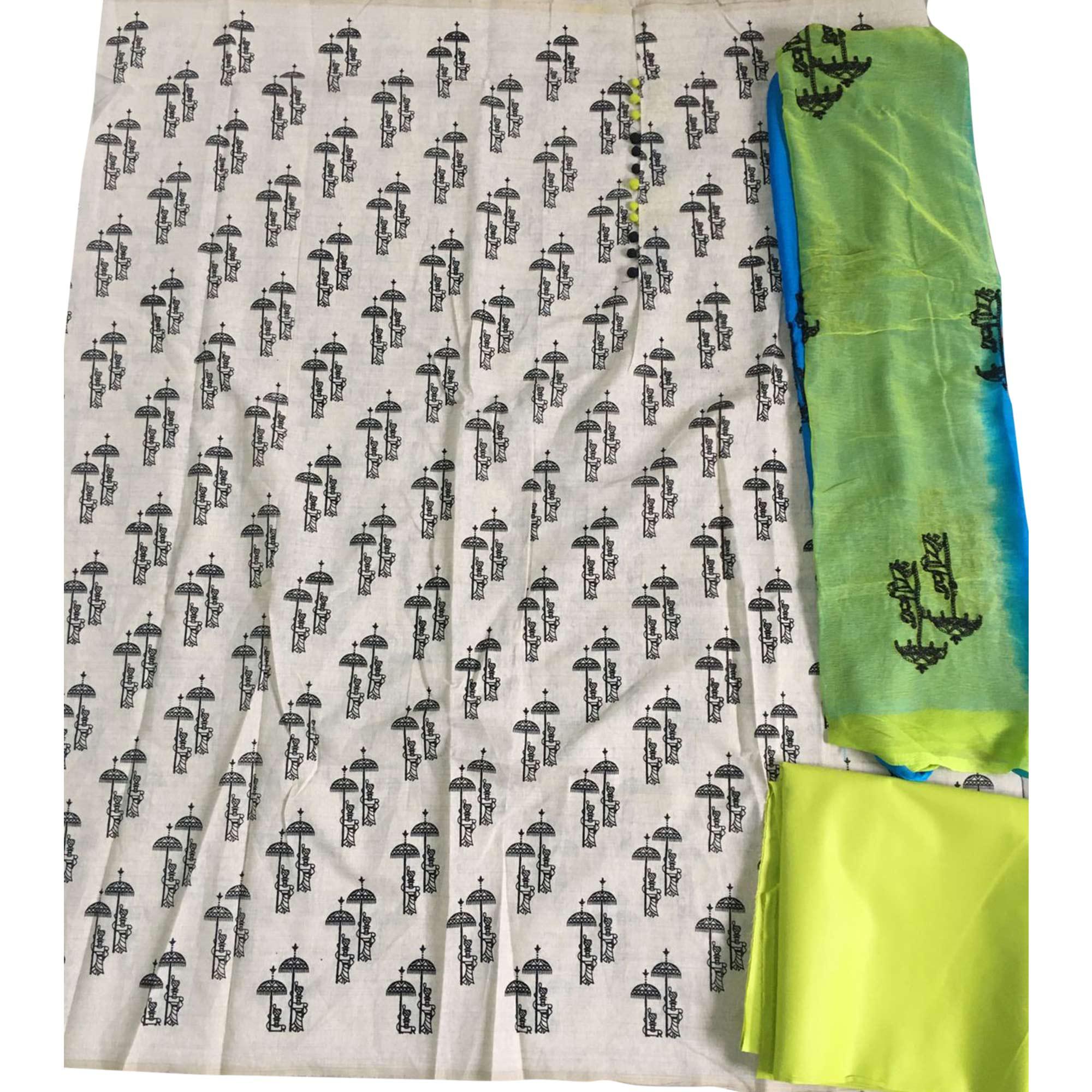 OffWhite - Green Casual Wear Printed Cotton Dress Material - Peachmode