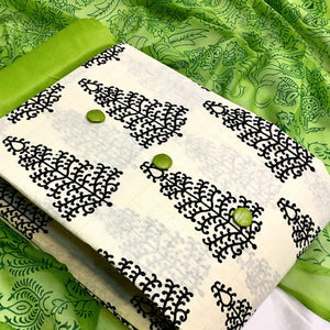 OffWhite - Green Casual Wear Printed Cotton Dress Material - Peachmode