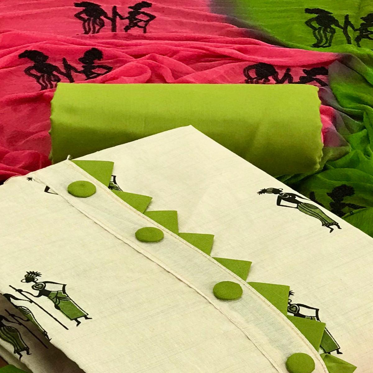 OffWhite - Green Casual Wear Printed Cotton Dress Material - Peachmode