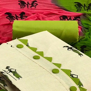 OffWhite - Green Casual Wear Printed Cotton Dress Material - Peachmode