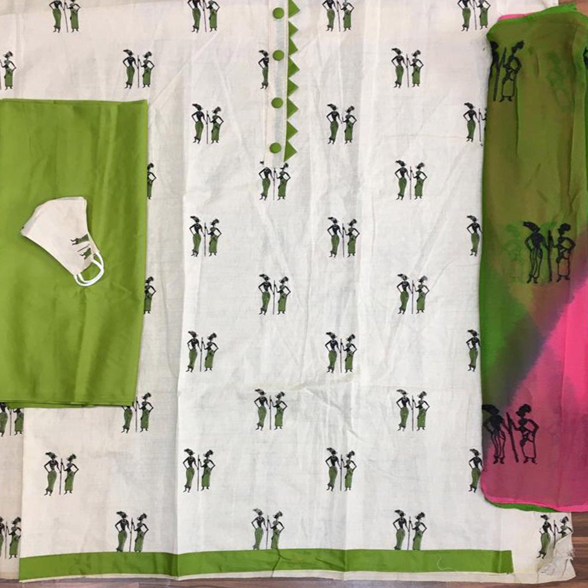 OffWhite - Green Casual Wear Printed Cotton Dress Material - Peachmode