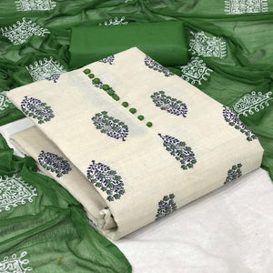 OffWhite - Green Floral Printed Khadi Dress Material - Peachmode