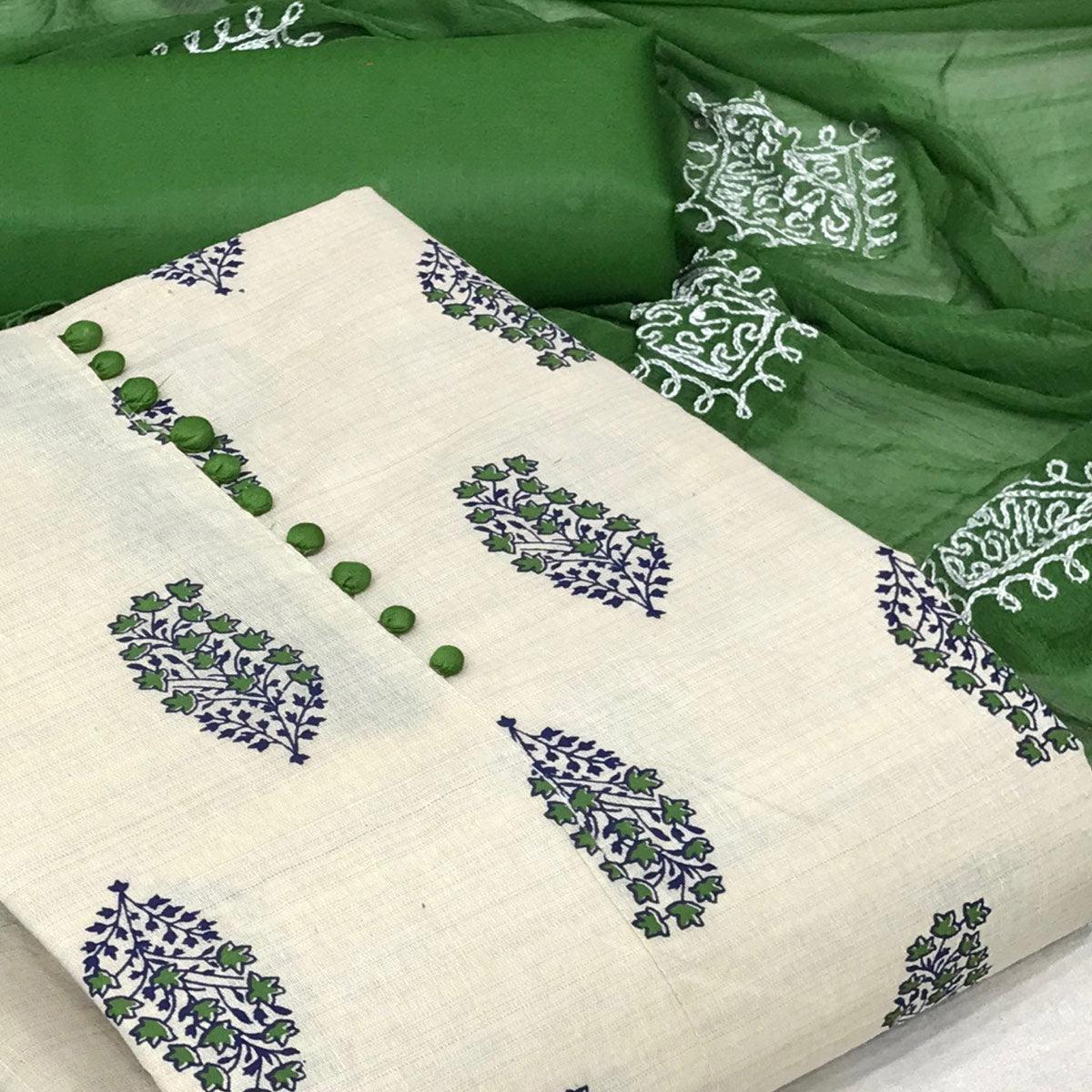 OffWhite - Green Floral Printed Khadi Dress Material - Peachmode