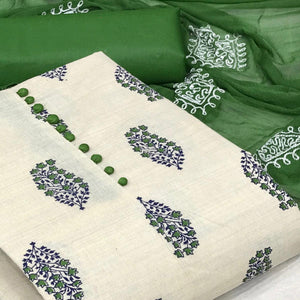 OffWhite - Green Floral Printed Khadi Dress Material - Peachmode