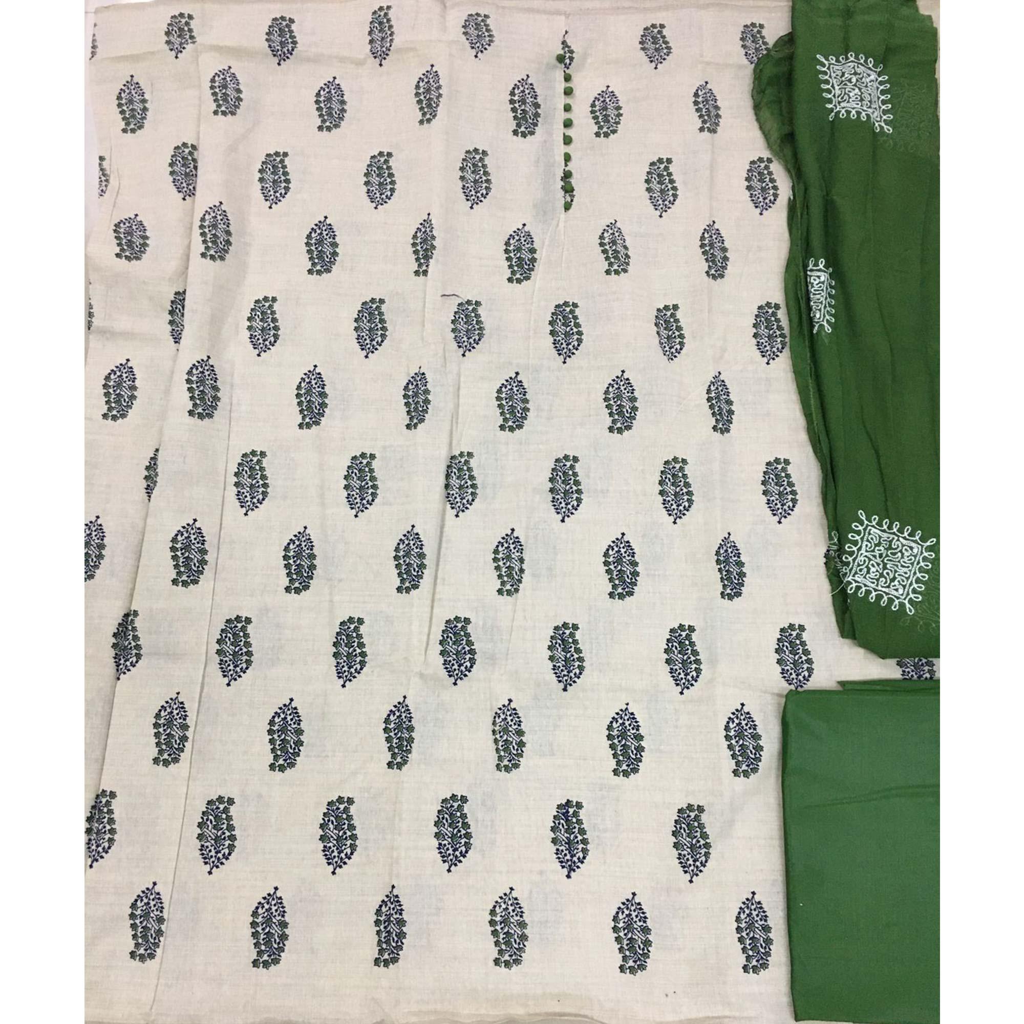 OffWhite - Green Floral Printed Khadi Dress Material - Peachmode