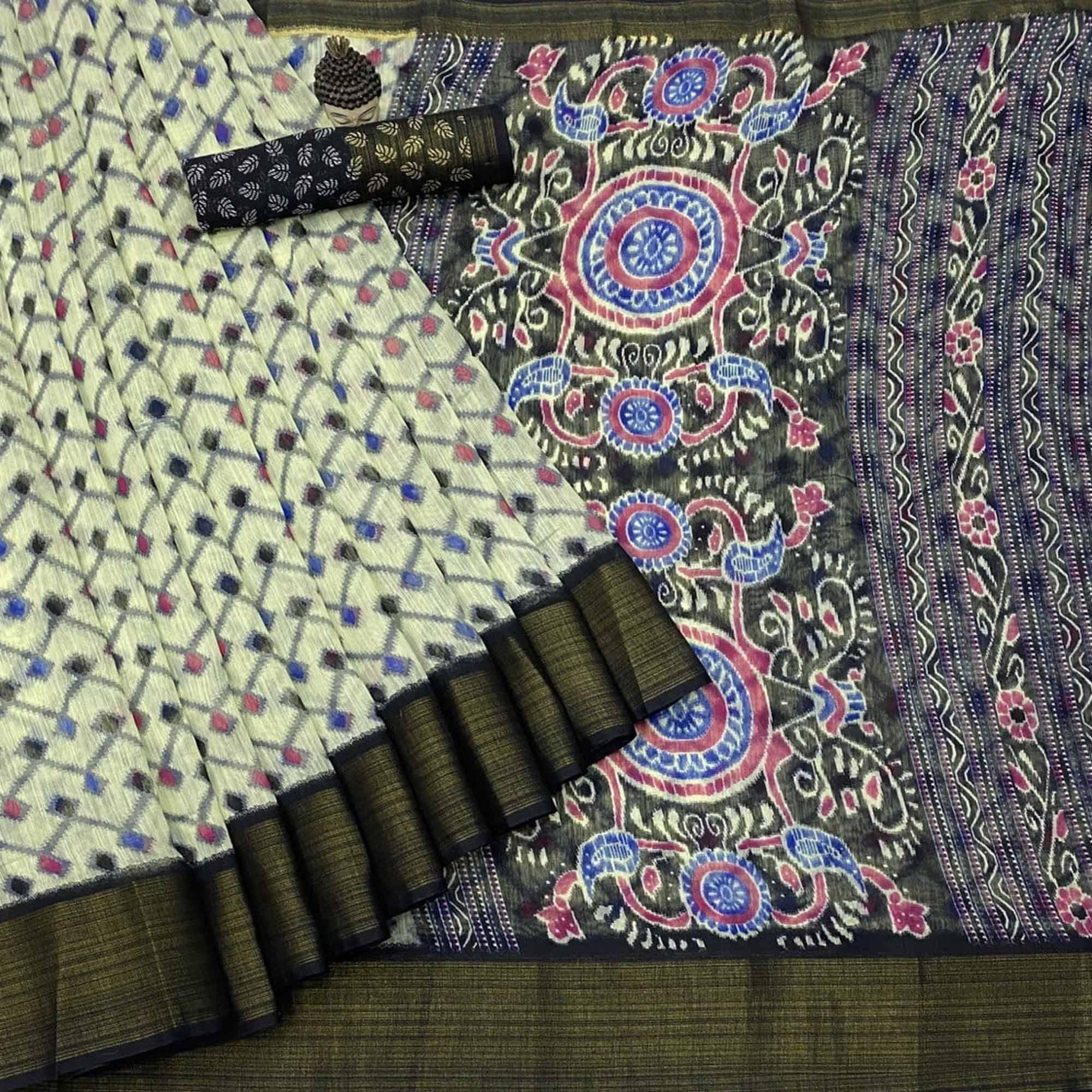 Offwhite Ikkat Printed Poly Cotton Saree - Peachmode