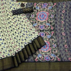 Offwhite Ikkat Printed Poly Cotton Saree - Peachmode