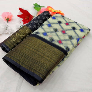 Offwhite Ikkat Printed Poly Cotton Saree - Peachmode