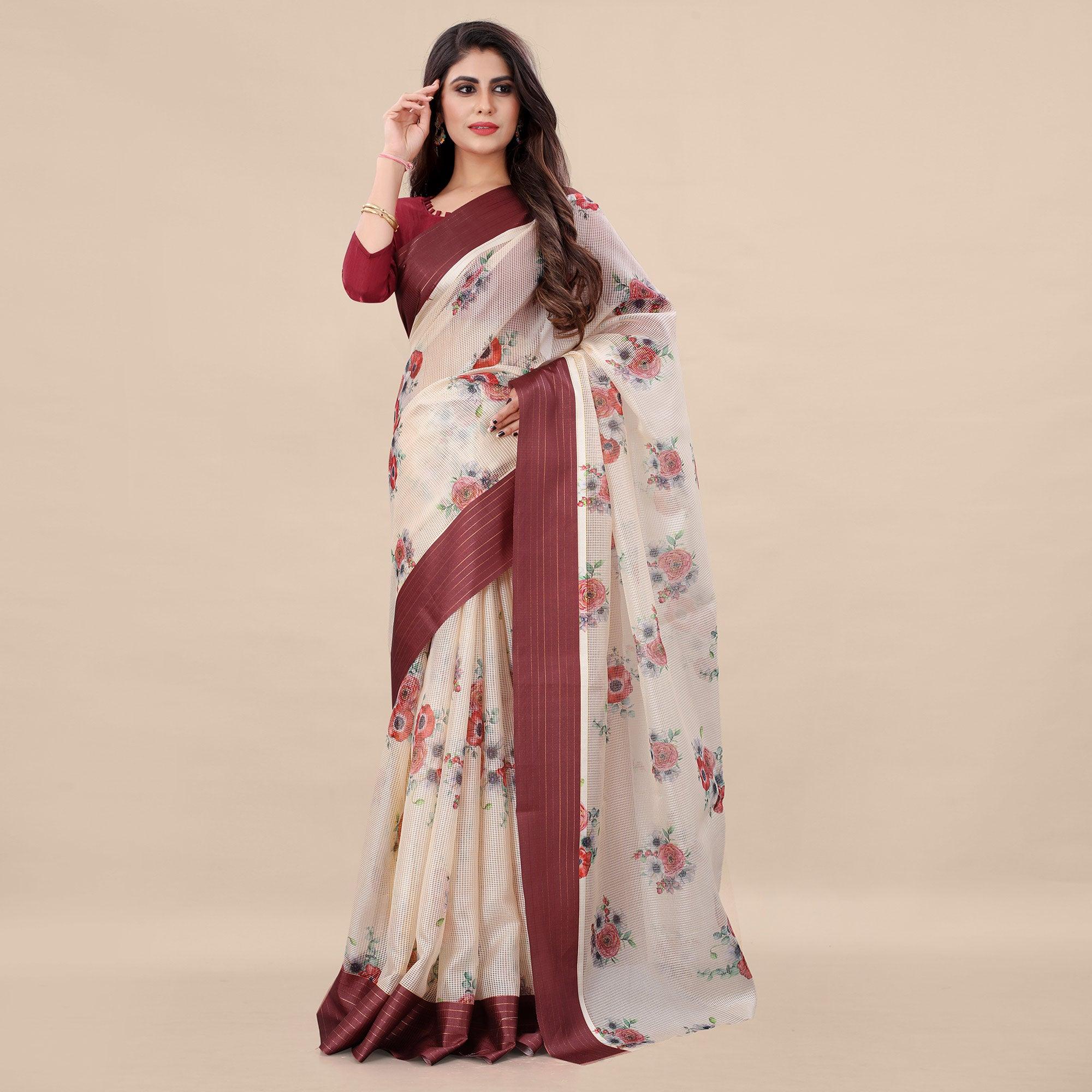 Offwhite - Maroon Casual Wear Floral Digital Printed Silk Saree With Woven Border - Peachmode