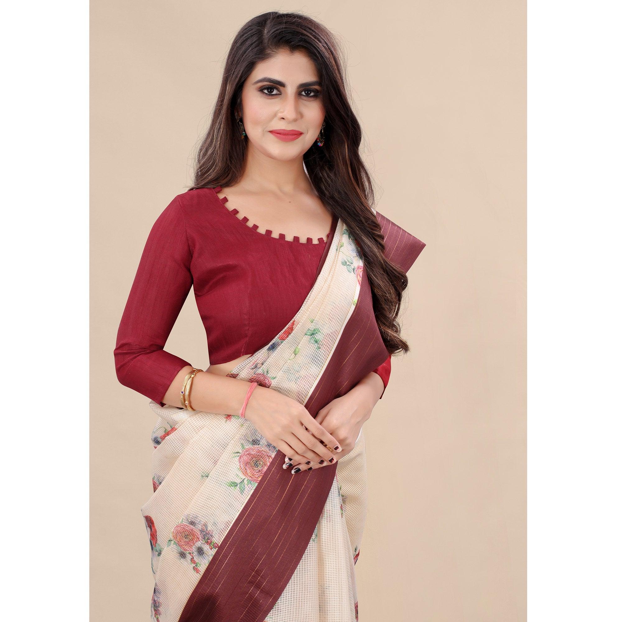 Offwhite - Maroon Casual Wear Floral Digital Printed Silk Saree With Woven Border - Peachmode