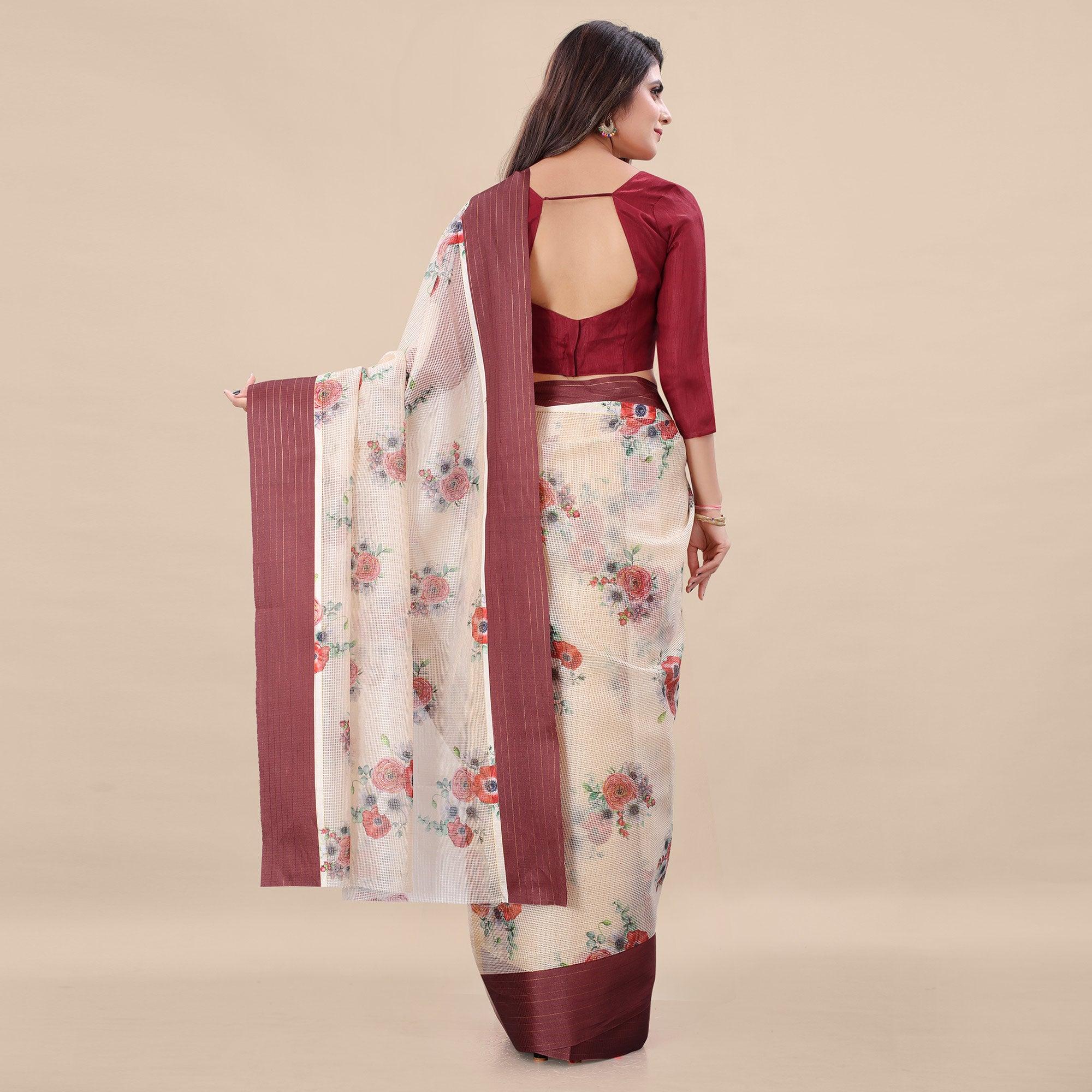 Offwhite - Maroon Casual Wear Floral Digital Printed Silk Saree With Woven Border - Peachmode