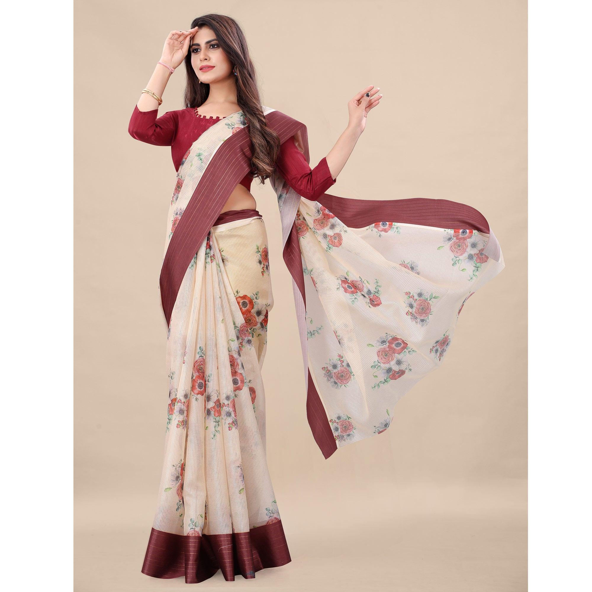 Offwhite - Maroon Casual Wear Floral Digital Printed Silk Saree With Woven Border - Peachmode