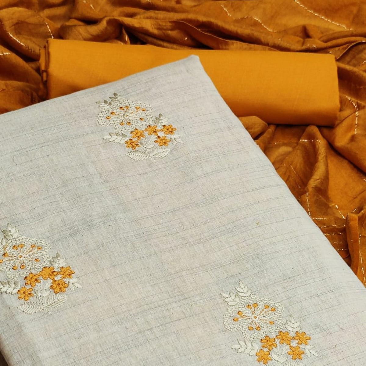 Offwhite - Mustard Casual Wear Embroidered Cotton Dress Material - Peachmode