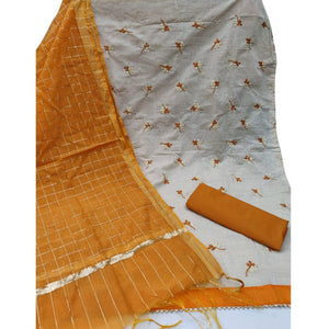 Offwhite - Mustard Yellow Casual Wear Embroidered Cotton Dress Material - Peachmode
