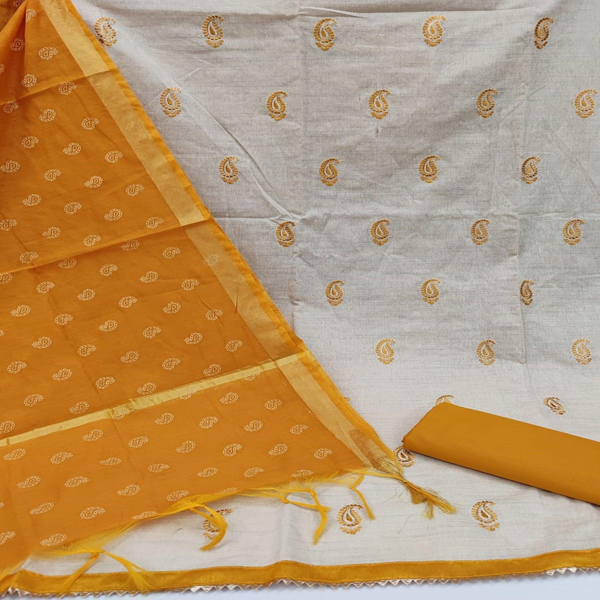 Offwhite - Mustard Yellow Casual Wear Printed Cotton Dress Material - Peachmode