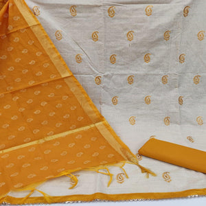 Offwhite - Mustard Yellow Casual Wear Printed Cotton Dress Material - Peachmode