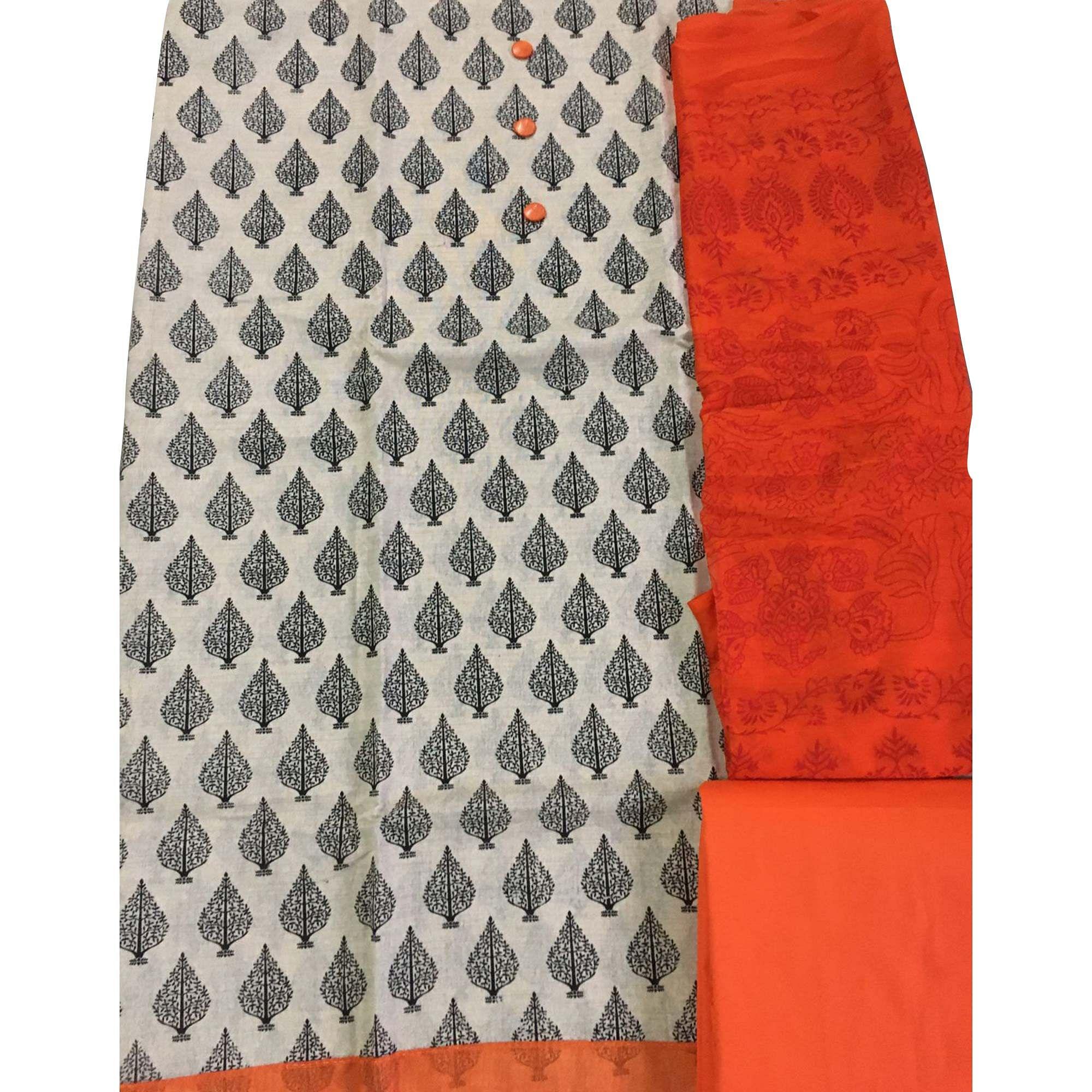 OffWhite - Orange Casual Wear Printed Cotton Dress Material - Peachmode