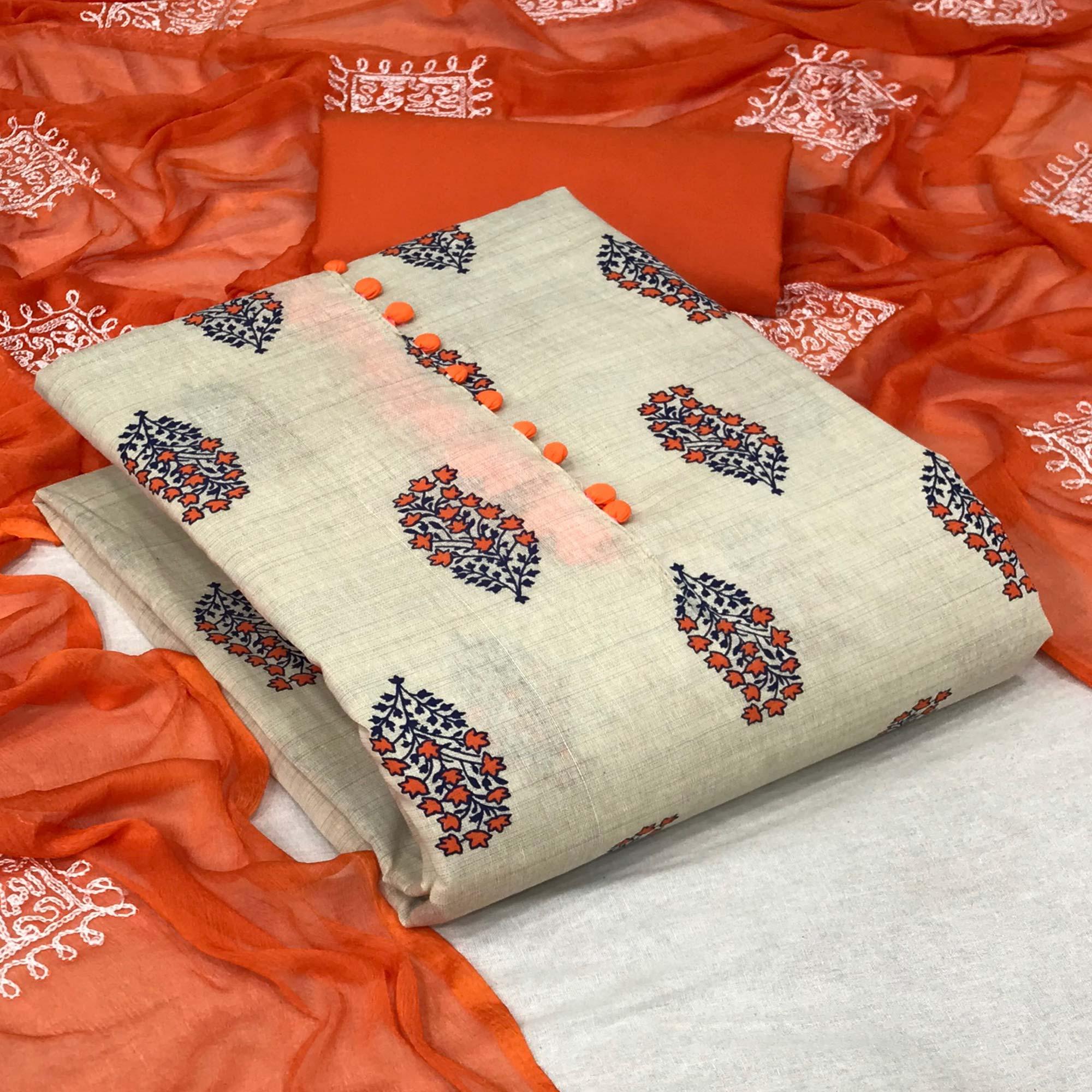 OffWhite - Orange Floral Printed Khadi Dress Material - Peachmode