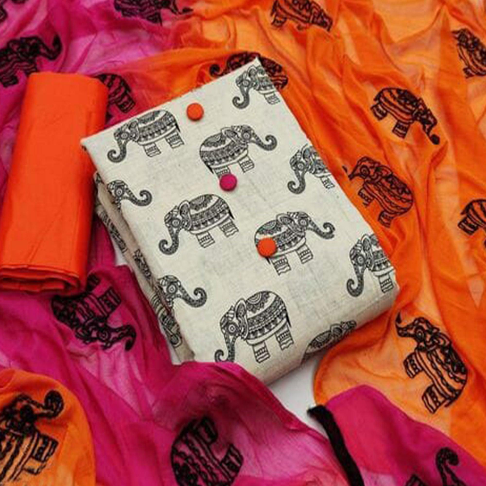 OffWhite - Orange Kalamkari Printed Khaadi Dress Material - Peachmode